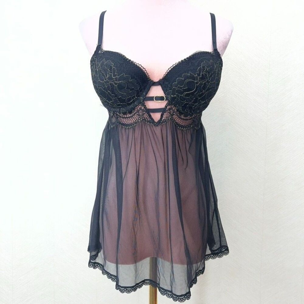La Senza Black Gold Sheer Mesh Lace Trim Babydoll Chemise Lingerie Womens S NWT